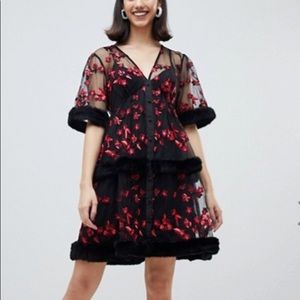 Lost Ink embroidered mini smock dress